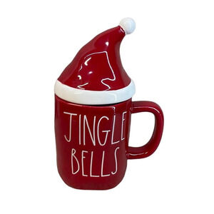 New Rae Dunn "Jingle Bells" Red Christmas Mug with Santa Hat Top‎